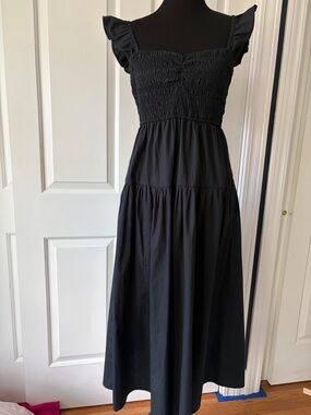 Abercrombie & Fitch Black Smocked Midi Dress with Ruffle Straps Medium Tall
